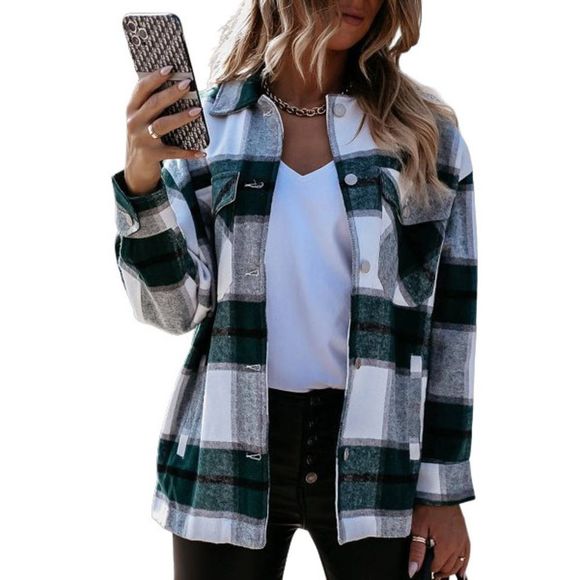 Coeur de Vague Tops - Coeur de Vague Green & White Plaid Shacket Size S
